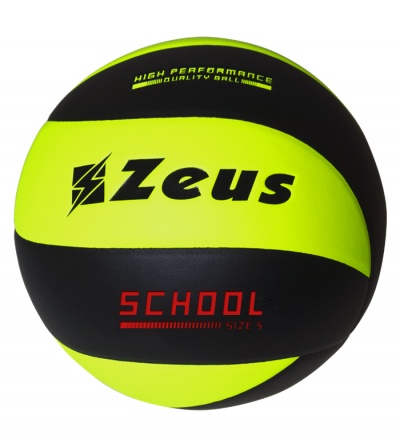 Bola de voleibol preta e amarela com texto Zeus e School.