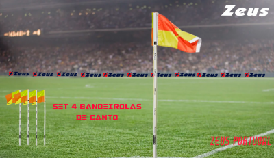 Conjunto de 4 bandeirolas de canto para futebol com padrão laranja e amarelo em campo de futebol