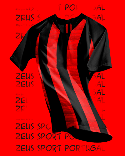 Camisola desportiva preta e vermelha com riscas verticais