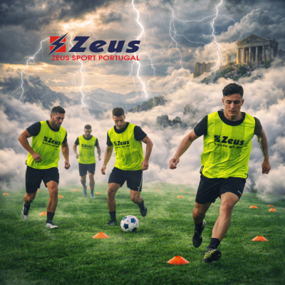 Quatro jogadores de futebol com coletes de treino amarelos Zeus num campo relvado com cones laranja, fundo de relâmpagos e ruínas antigas.