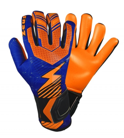 Par de luvas de guarda-redes azul e laranja com detalhes pretos