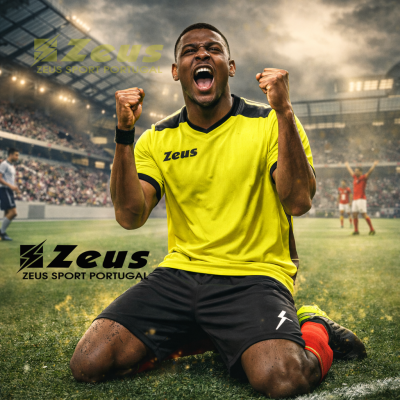 Jogador de futebol com camisola amarela e calções pretos num campo de jogo com estádio cheio