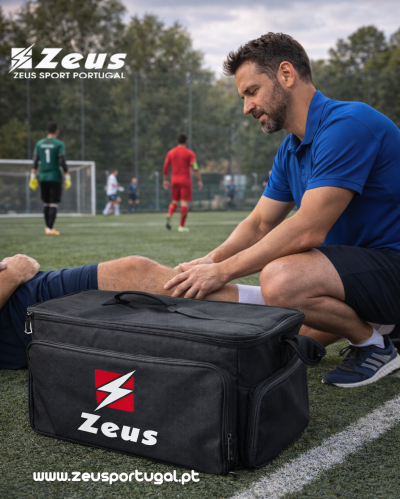 Mala preta Zeus em campo de futebol com fisioterapeuta a tratar jogador