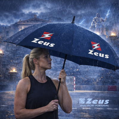 Mulher segura guarda-chuva azul com logotipo Zeus sob chuva intensa