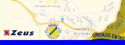 Mapa de Paredes de Coura com logótipos Zeus e escudo SC