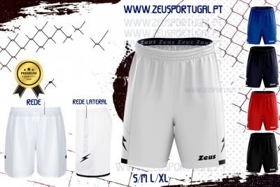 Calções desportivos Zeus em várias cores, com logotipo e acabamento em rede lateral.