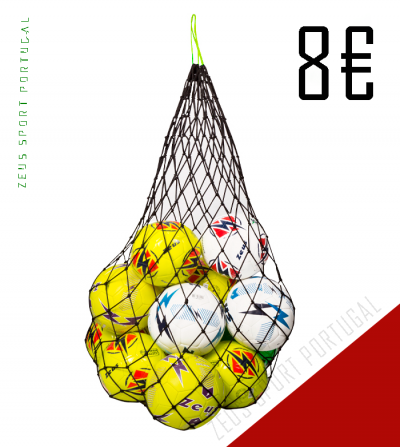 Saco de rede com bolas de futebol amarelas e brancas, texto Zeus Sport Portugal, preço 8€