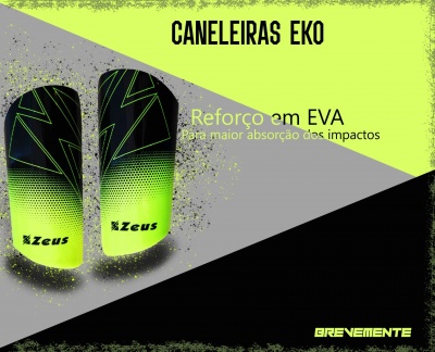 Caneleiras EKO preta e verde com texto de reforço em EVA e fundo verde e cinza