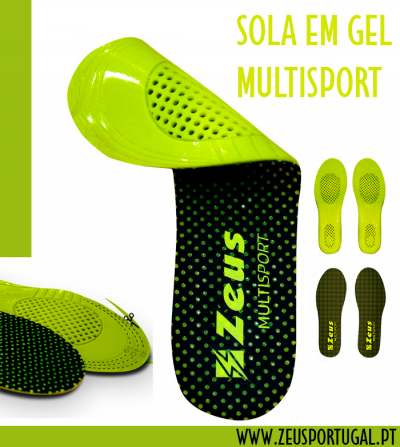 Palmilhas desportivas em gel Zeus em verde e preto com texto e padrão