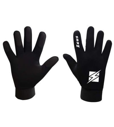 Par de luvas desportivas pretas com texto Zeus e logotipo branco