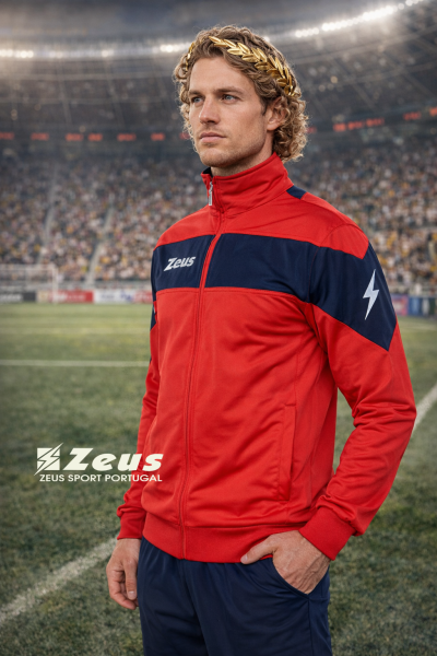 Casaco desportivo vermelho e azul com fecho e bolsos laterais