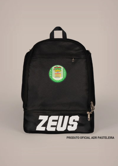 Mochila preta com logótipo colorido e texto ZEUS