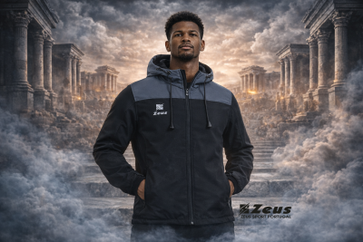 Casaco desportivo preto e cinzento com capuz e logótipo Zeus
