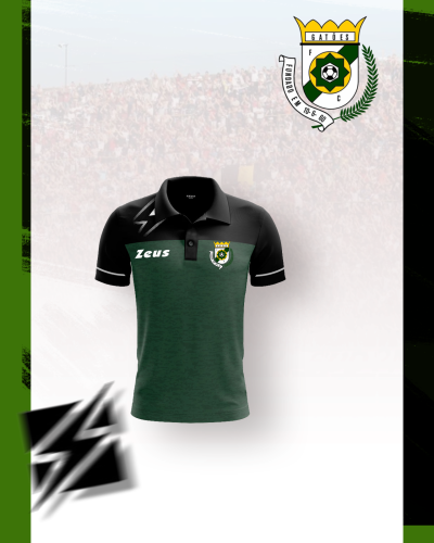 Polo bicolor preto e verde com logótipos Zeus e clube Gaviões