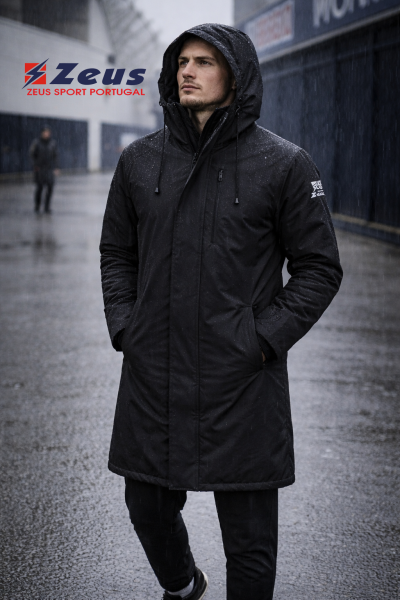 Homem com casaco impermeável preto com capuz na chuva