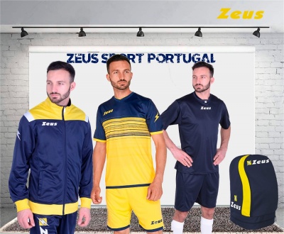 Três homens com roupa desportiva Zeus e mochila azul com amarelo