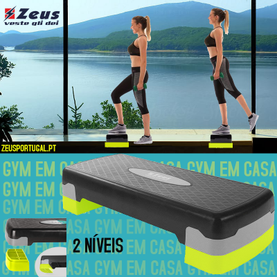 Step fitness dois níveis preto cinzento e amarelo com mulheres a exercitarem-se junto a lago