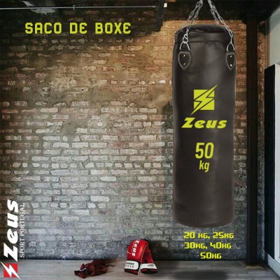 Saco de boxe preto pendurado com logo Zeus e luvas vermelhas no chão