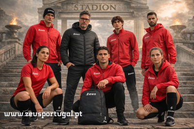 Grupo de pessoas usando roupa desportiva vermelha e preta da Zeus em escadaria com tochas em chamas ao fundo.