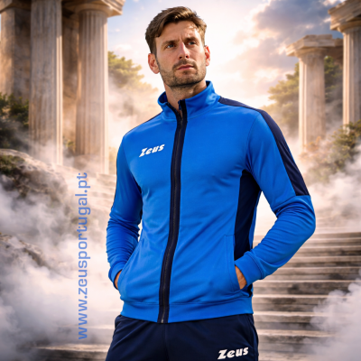 Casaco desportivo azul Zeus com zipper e colunas clássicas ao fundo