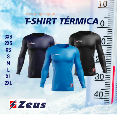 Três T-shirts térmicas Zeus com logo, em azul e preto, tamanhos variados, fundo com gelo e termómetro.