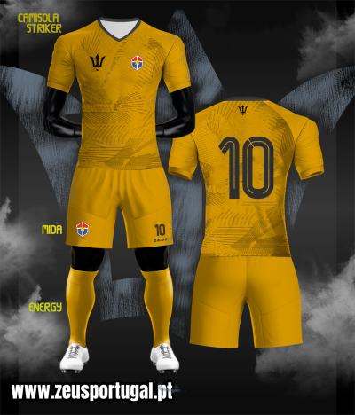 Conjunto de futebol amarelo com padrão geométrico e números 10