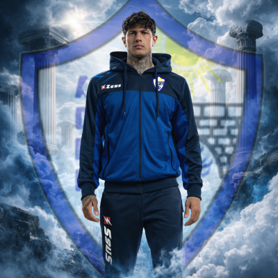 Homem a usar conjunto de desporto azul e azul escuro com capuz e logotipos Zeus e SWS, com colunas clássicas e nuvens ao fundo.