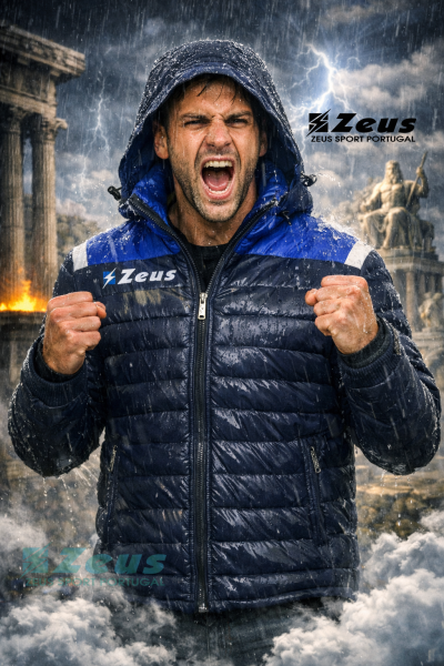 Homem de capuz com casaco azul impermeável sob chuva intensa com texto Zeus e fundo antigo