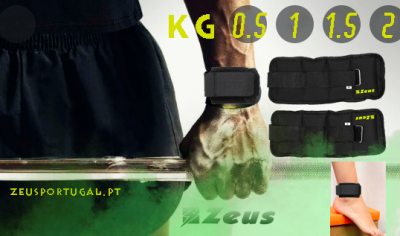 Pulseira de peso preta com fecho, várias imagens e texto KG 0.5 1 1.5 2 e ZEUSPORTUGAL.PT