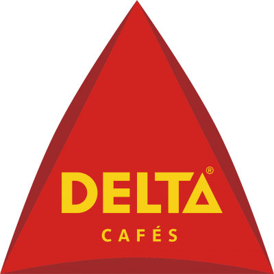 Logótipo triangular vermelho com texto amarelo DELTA CAFÉS