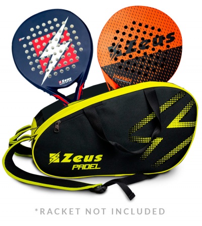 Raquetes de padel azul, vermelho e laranja com mala preta e amarela Zeus PADEL