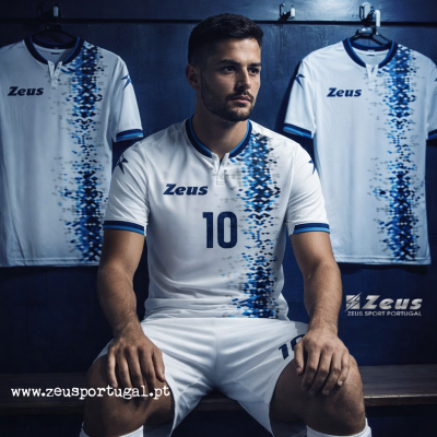 Homem sentado em balneário com conjunto de desporto branco e azul com número 10 e logótipo Zeus