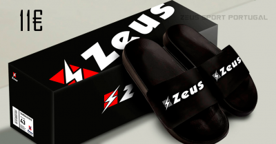 Chinelos pretos Zeus com caixa preta e texto branco
