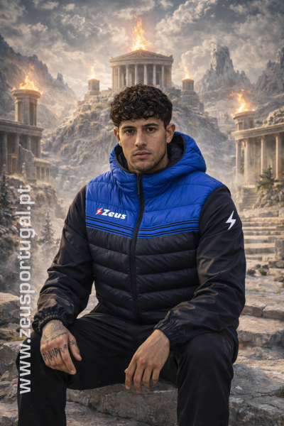Homem com casaco desportivo azul e preto Zeus diante de ruínas com tochas em chamas