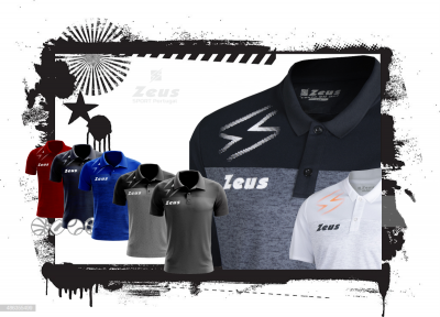Seis polos esportivos Zeus em várias cores com logotipo e texto no fundo artístico preto e branco.