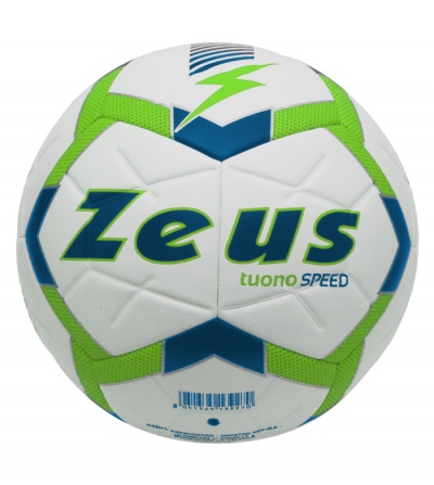 bola de futebol branca com detalhes verdes e azuis e texto Zeus tuono SPEED