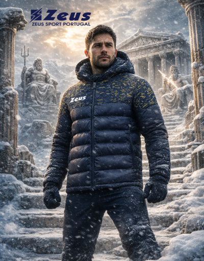Homem com casaco acolchoado azul escuro Zeus em cenário nevado com estátuas clássicas.