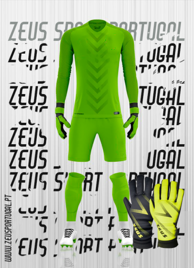 Conjunto completo de guarda-redes verde neon com luvas amarelas e pretas