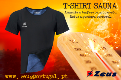 T-shirt preta Zeus com interior azul e texto sobre os seus efeitos.