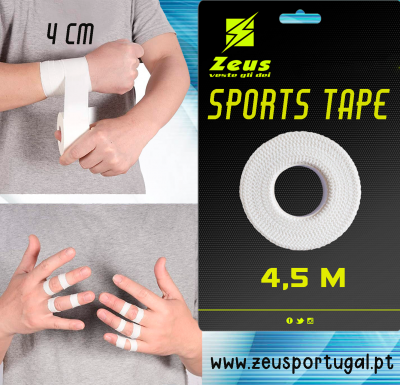 Fita adesiva esportiva branca Zeus Sports Tape embalagem preta e aplicação nas mãos.