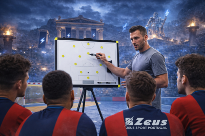 Quandro tático de futebol com treinador e jogadores numa quadra desportiva