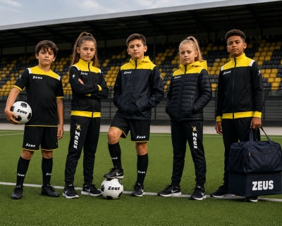 Crianças em campo de futebol com roupa desportiva preta e amarela da Zeus