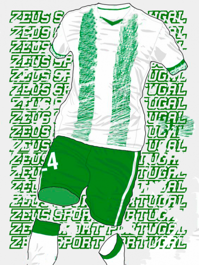 Conjunto desportivo com camisola branca e verde e calções verdes com número 4