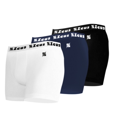 Três cuecas boxer em branco, azul e preto com elástico Zeus na cintura