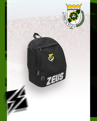 Mochila preta com logótipo do clube Gaiões FC e texto ZEUS