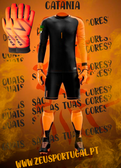 Equipamento desportivo preto e laranja com luvas, camisola, calções e meias em fundo laranja com texto.