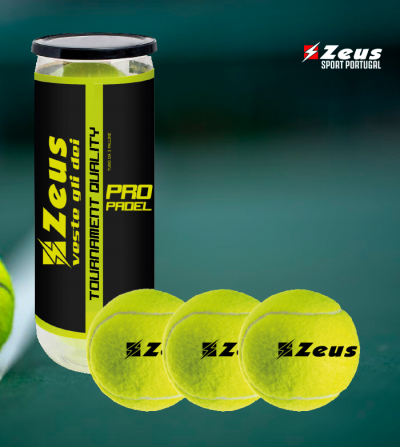 Três bolas de ténis amarelas com logótipo Zeus e embalagem cilíndrica preta.