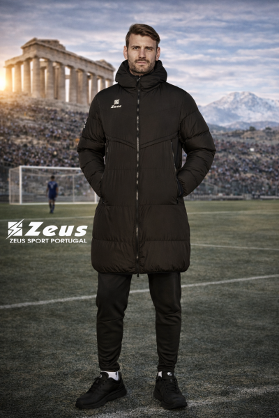 Homem a usar casaco acolchoado preto comprido com capuz e fechos, em campo de futebol com estádio e ruínas antigas ao fundo.