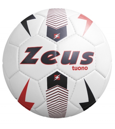 Bola de futebol branca com texto 'Zeus tuono' e padrões vermelhos e pretos