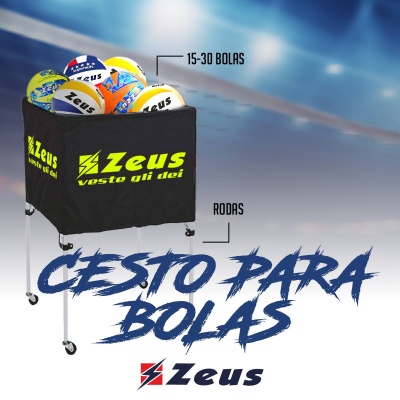Cesto para bolas Zeus preto com várias bolas coloridas e rodas